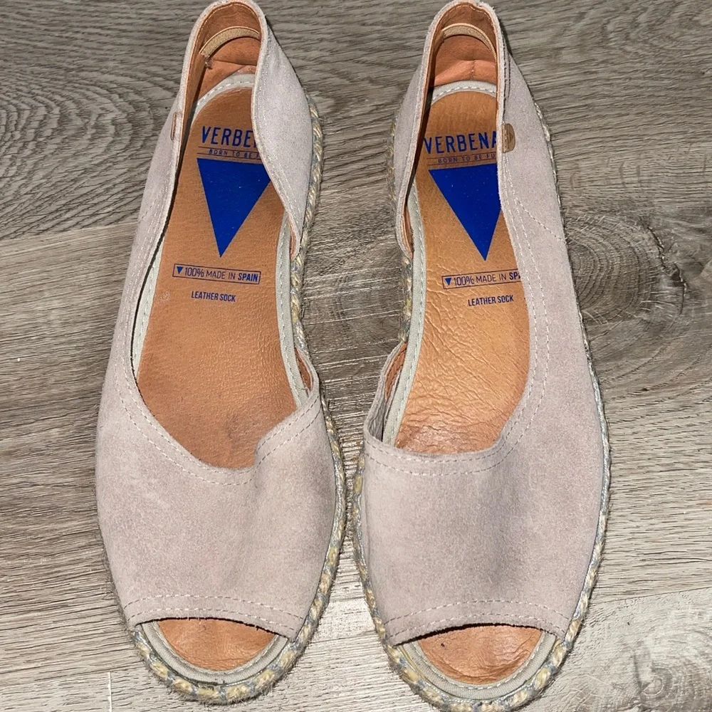 Verbenas Espadrilles Suede Flats Sz 38 Tan Leather Peep Toe Shoes SPAIN